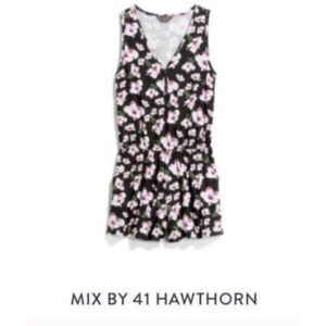 Mix by 41 Hawthorn Black Knit Romper, XS, Pink Floral Pockets Elastic Waist